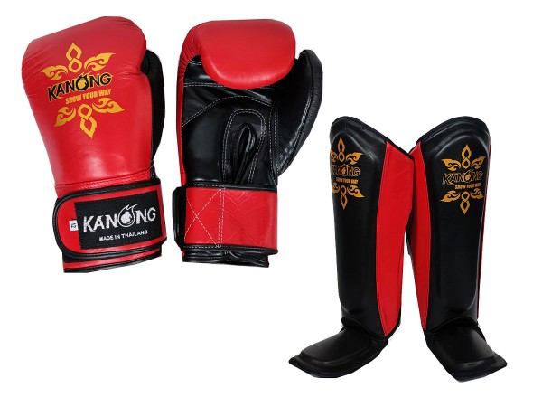 Kanong Cowhide Leather Muay Thai Gloves + Shin Guards : Red/Black